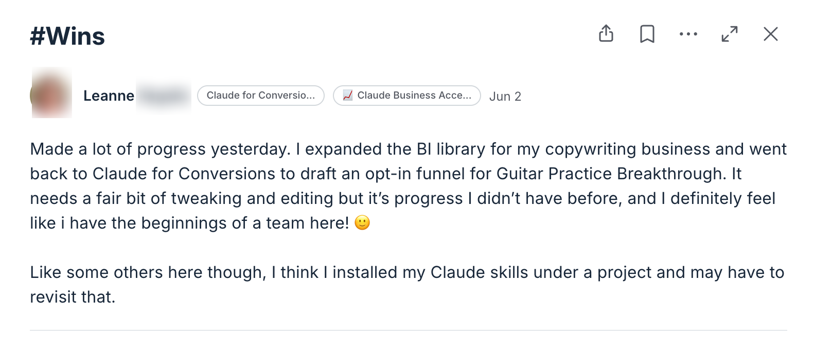 Leanne — Expanded BI library and drafted an opt-in funnel for Guitar Practice Breakthrough